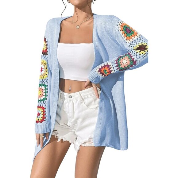 Sweaters - Boho Floral Crochet Cardigan Women Long Sleeve Knit Sweater Casual Warm